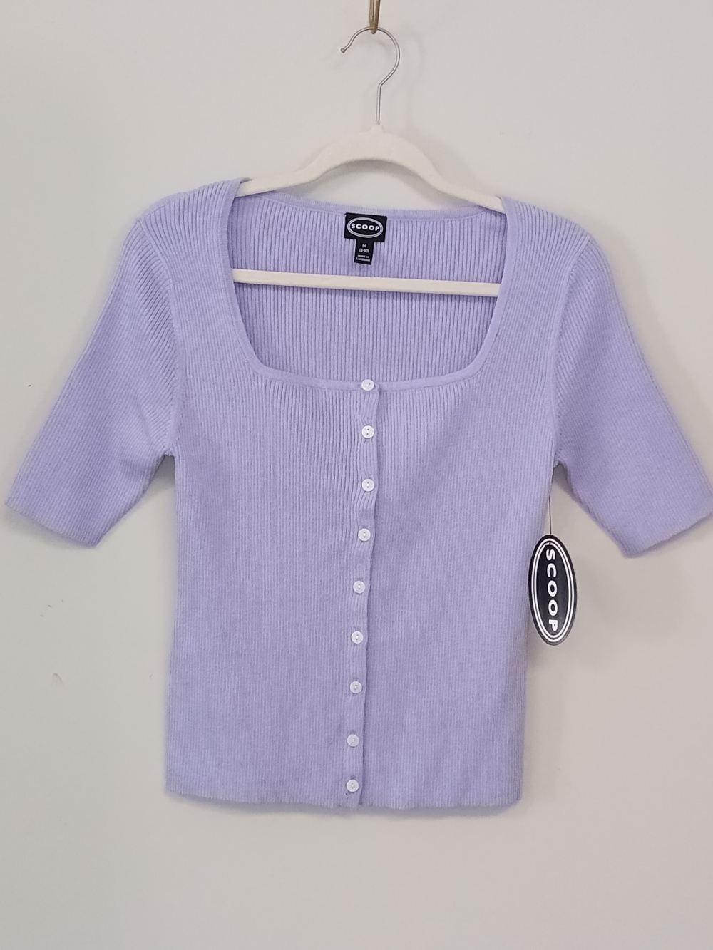 NWT Scoop Lavender Purple Square Neck Button Rib Knit Stretch Fitted Cardigan M